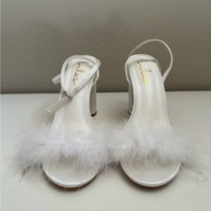 Lulus Fuller White Satin Feather Ankle Strap High Heel Sandals, white, size 9